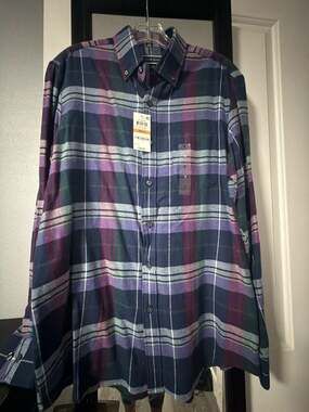 Club Room Men's Navy Blue Plaid Button-Down Flannel Shirt